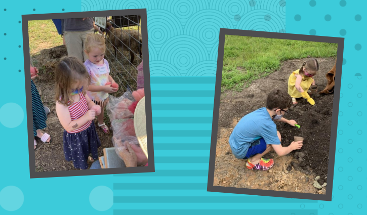 Left Photo: The children touch wool from a sheep as they learn about how animals help us live and grow. Right Photo: One of the highlights of the Vacation Bible School program was working in the garden– the children loved getting into the soil, getting out in nature and being creative.