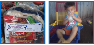 Left: A food distribution bag in Guatemala. Right: A child in El Salvador drinks milk received as part of his family's food bag.