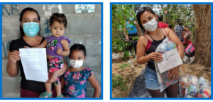 Left: Maura with her two children. Right: Women receiving her food distribution bag. 