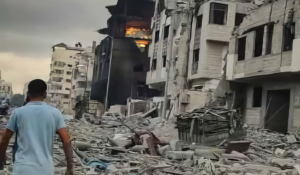  A destroyed residential neighborhood where an Al Ahli staff member lives. The staff member and their family are now homeless. Photo Credit: The Rev. Canon Don Binder, St. George's Cathedral, Jerusalem 